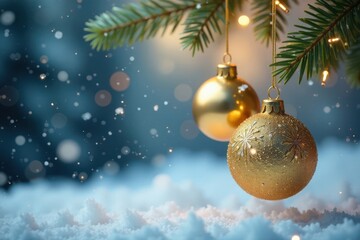 Gold ornaments with snowflakes hanging in a winter scene, Christmas decorations gold isolated background, Winter beauty