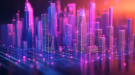 Futuristic city skyline, digital, neon lights, glowing buildings, network.