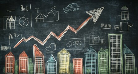 Chalkboard illustration of upward trending graph showing economic growth with buildings, charts and car icon.