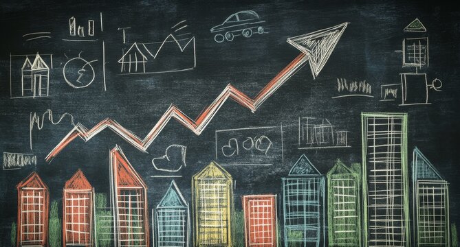 Chalkboard illustration of upward trending graph showing economic growth with buildings, charts and car icon.