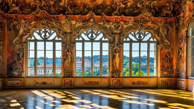 Historic baroque interior with ornate decorations and large windows showcasing a stunning landscape view