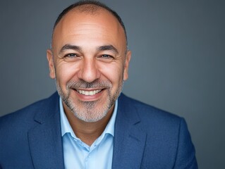 Attractive male tech company CEO with short beard and bald head, wearing navy suit jacket over light - colored shirt, smiling against blue background. High - resolution headshot.