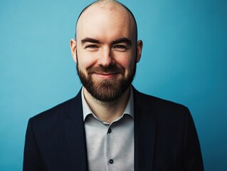 Attractive male tech company CEO with short beard and bald head, wearing navy suit jacket over light - colored shirt, smiling against blue background. High - resolution headshot.