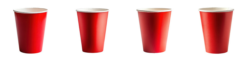 Four tall red cups stand vertically with visible white rims ready for use
