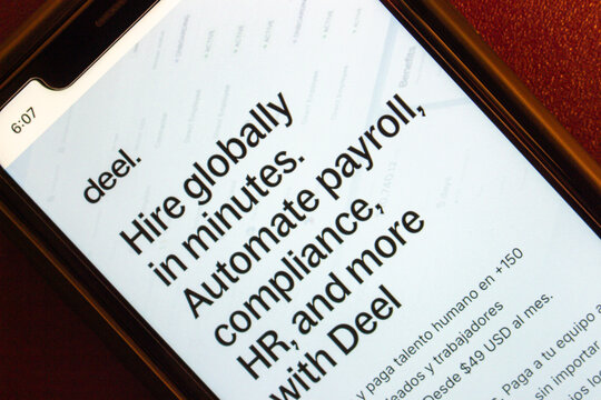 Mexico City, MEXICO - Feb 23 2025 : Website of Deel is displayed on an iPhone. Deel is a global platform for payroll and contract management for companies hiring remote and international talent.