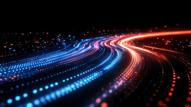 Vibrant light trails in blue and red hues.