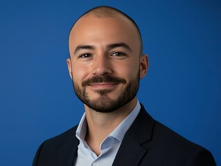 Attractive male tech company CEO with short beard and bald head, wearing navy suit jacket over light - colored shirt, smiling against blue background. High - resolution headshot.