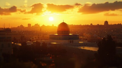 Jerusalem old town skyline with the dome of the rock in the center before sunset
