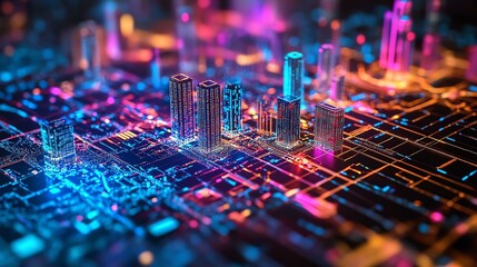 Futuristic city skyline with neon lights.