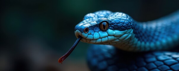 Fototapeta premium Vertical head shot of a blue viper snake with closed eyes and forked tongue exposed, reptiles, blue viper snake