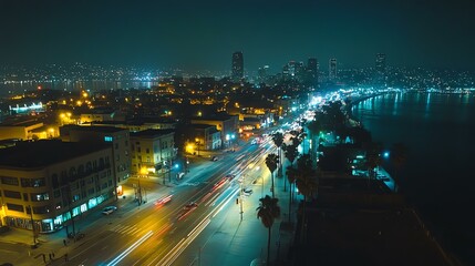 Vibrant city lights illuminate the night scene.