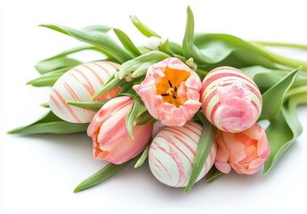 Fototapeta premium Beautiful arrangement of pastel Easter eggs and fresh tulips showcasing spring colors and festive atmosphere, perfect for holiday celebrations and decorations