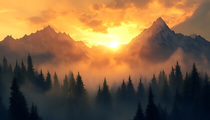 Obraz premium A breathtaking view a mountain sunrise over a foggy forest, the sun casting golden light through the mist