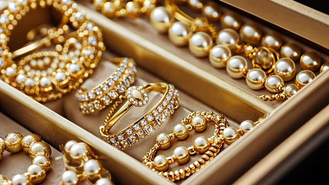 Elegant collection of gold and pearl jewelry displayed in a luxurious box with intricate designs and sparkling details