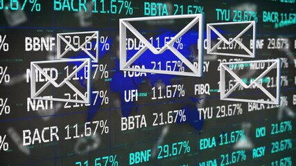Floating email icons over financial figures and stock market data in animation - Powered by Adobe