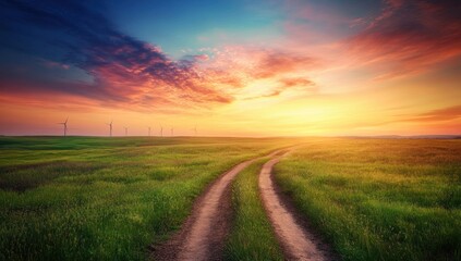Obraz premium A beautiful sunset illuminates a grassy field with dirt roads and windmills