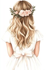 A young woman from the back wearing a floral crown