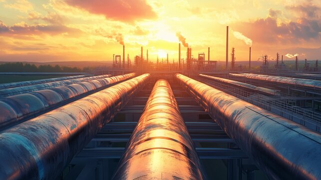 Large metal pipelines lead towards an industrial processing facility