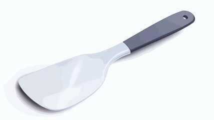 Fototapeta premium High-angle, close-up shot of a white plastic spatula with a gray plastic handle. The spatula has a broad, slightly curved head. The background is pure white, providing a clean and simple setting