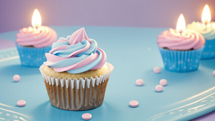 "Add a sweet touch to your celebration designs with these charming cupcakes topped with colorful frosting, perfect for birthdays, baby showers, or party invitations.