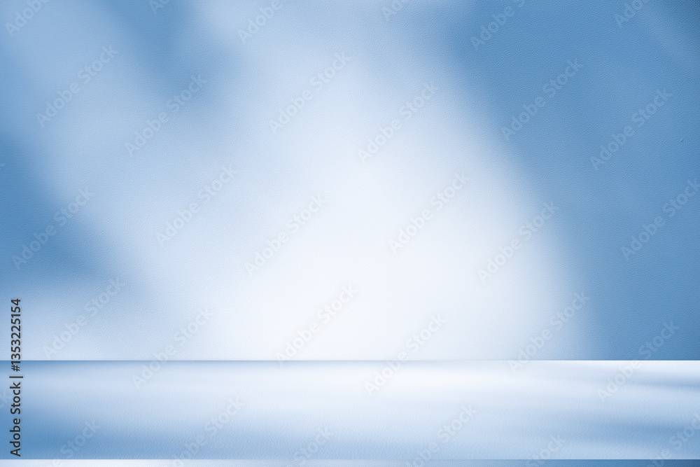 Poster Wall interior background, studio and backdrops show products. with soft light shadow from window color blue and white. background for text insertion and presentation of product	