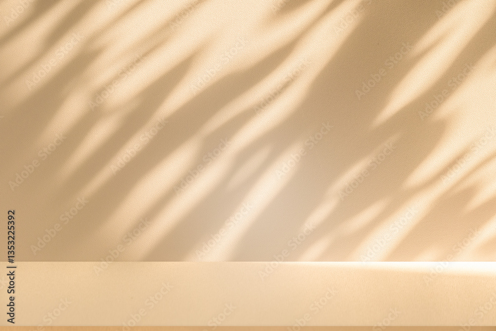 Poster Wall interior background, studio and backdrops show products. with leaf shadow from window color beige and white. background for text insertion and presentation of product	