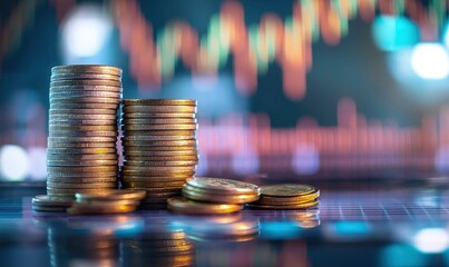 Stacks of gold coins on a reflective surface with colorful financial graph lines in the background, representing finance, investment, and economic analysis. Ideal for business themes