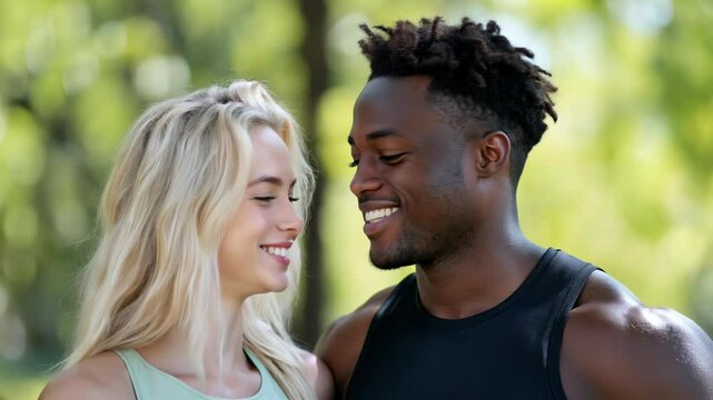 A blond gorgeous woman and a athletic black man, Loving and kissing multi racial couple embracing having fun at the park