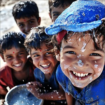 Happy Children Playing Water for Dusty Village.