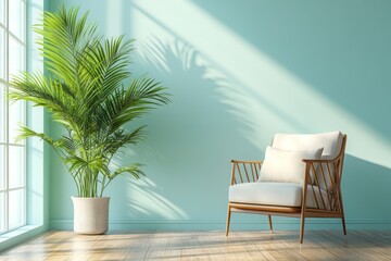 Fototapeta premium Bright living room features palm plant and modern armchair