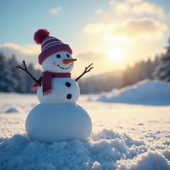 Obraz premium Joyful snowman stands against frozen landscape with sun shining in the sky, outdoor scene, frozen, winter landscape
