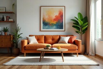Low-slung sofa with tufted upholstery sits amidst mid-century modern decor in a cozy living room, relaxed ambiance , comfortable living room