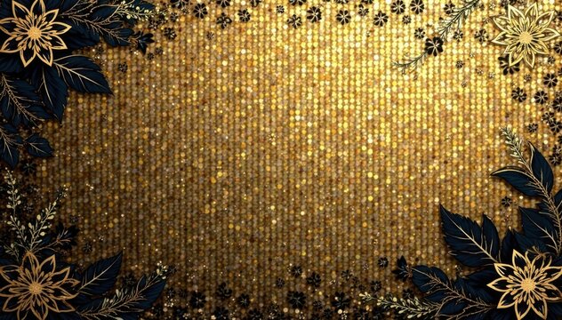 Luxurious gold foil embossed invitation with delicate black floral patterns , high-end, refinement, luxury