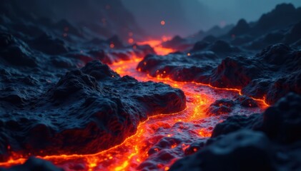 Molten lava flows with fiery intensity on ebony backdrop, molten, lava