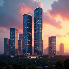 Obraz premium Modern office building at sunset with skyscrapers in the background, office, building