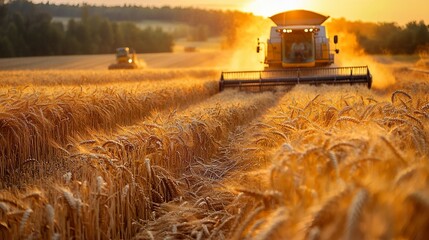 Fototapeta premium Golden wheat harvest at sunset; combine harvesters in field.