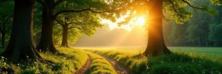 Obraz premium Panorama mit Sonnenstrahlen durch das Waldwerk , foliage, green