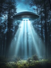 A glowing unidentified flying object hovers above a dark forest