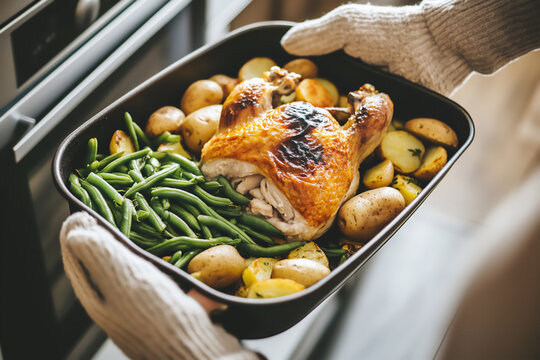 a person wearing oven mitts is holding an open roasting pan with green bea