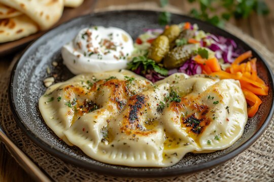 a photo of a plate with three traditional turkish k&auml;&plusmn;nt&auml;&plusmn; oversized raviol