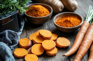 Fresh Root Vegetables And Spices On Wooden Surface Displaying Culinary Preparation Style Dishes With Herbs And Natural Lighting