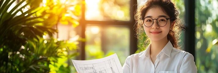 Woman reviewing architectural plans in a bright office