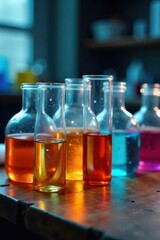 Test tubes on a wooden workbench filled with chemicals, laboratory tools, laboratory
