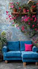 Obraz premium Teal Velvet Chaise Lounge with Blooming Bougainvillea