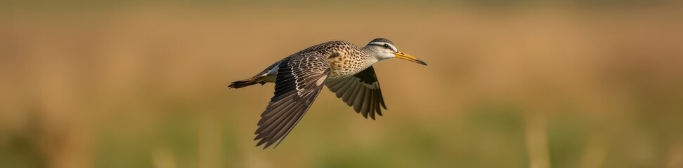 Obraz premium Common Snipe in flight, showing mottled plumage, bird in flight, marsh, feathers