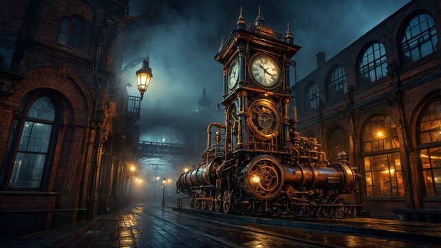 Steampunk era clockwork train in an atmospheric industrial landscape at night