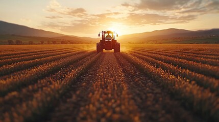 Fototapeta premium Tractor working golden field sunset.