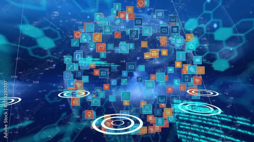 Poster animation of colorful icons and data processing over abstract blue background