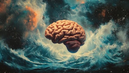 Floating brain in cosmic space, abstract background