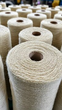 Spools of natural twine arranged neatly in a craft workshop during midday
